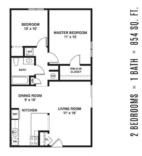 Floor plan for 2 beds, 1 bath, 854 sqft